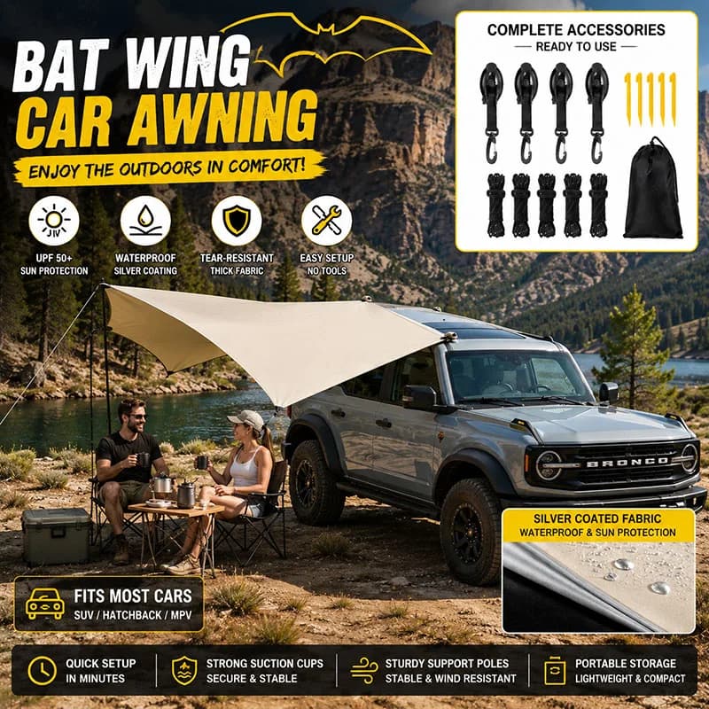 Sunshade Tent Car Side Bat Shaped, Silver Plated Waterproof Cloth, Waterproof, Outdoor Camping, SUV Box Type Car Back Cover