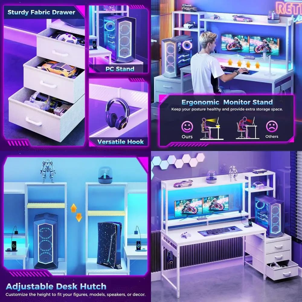 55 inch white computer desk with upper cabinet, fabric drawers, USB ports, LED lights and monitor support