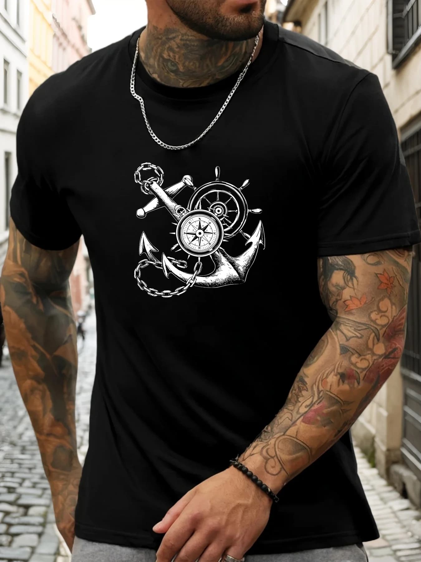 T-shirt estiva casual da uomo a maniche corte con design con ancora e bussola