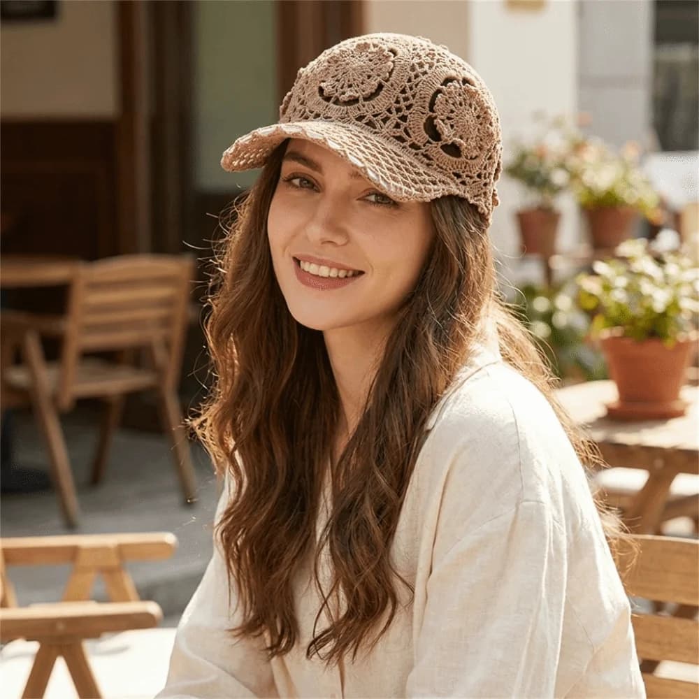 Versatile Adjustable Crochet Baseball Cap Floral Lace Polyester Sun Hat Multi-Color Openwork Mesh Peaked Cap Travel