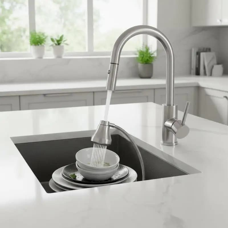 Kitchen Water Tap Brushed Nickel for RV, Bar Sink, Public Restroom, Pull Down Sprayer, Stream Spray Dual Modes, Leak-Proof Valve