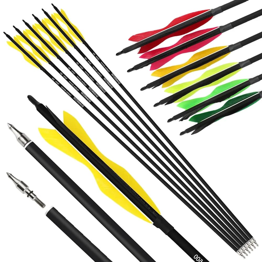 6/12 pezzi 31,5 "freccia in carbonio misto colonna vertebrale 500 ID6.2mm 5 pollici vera piuma freccia da caccia per arco composto/ricurvo tiro al bersaglio