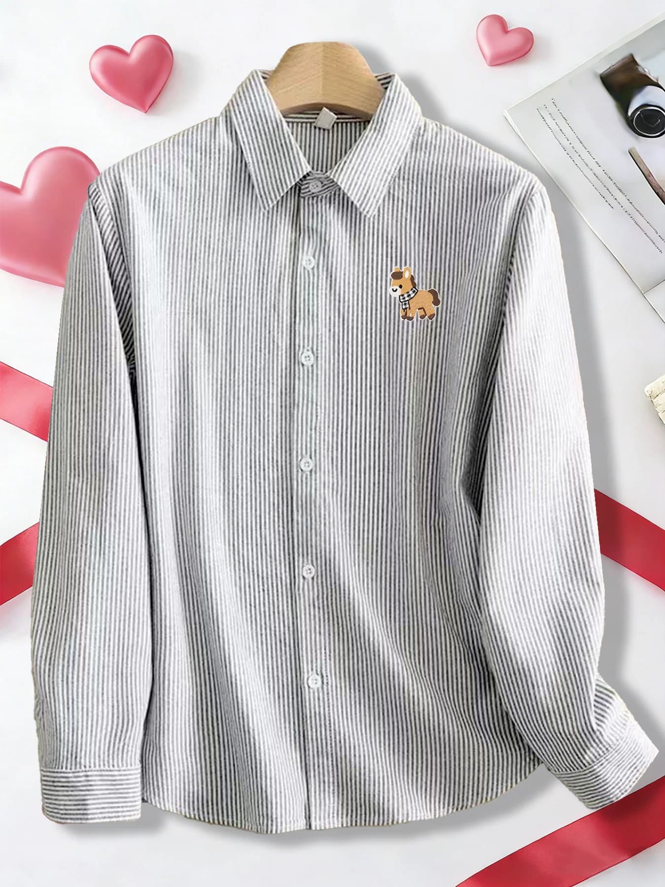Long-sleeved shirt with spring and autumn cartoon pattern, with white and black fantasy scarf, versatile striped shirt