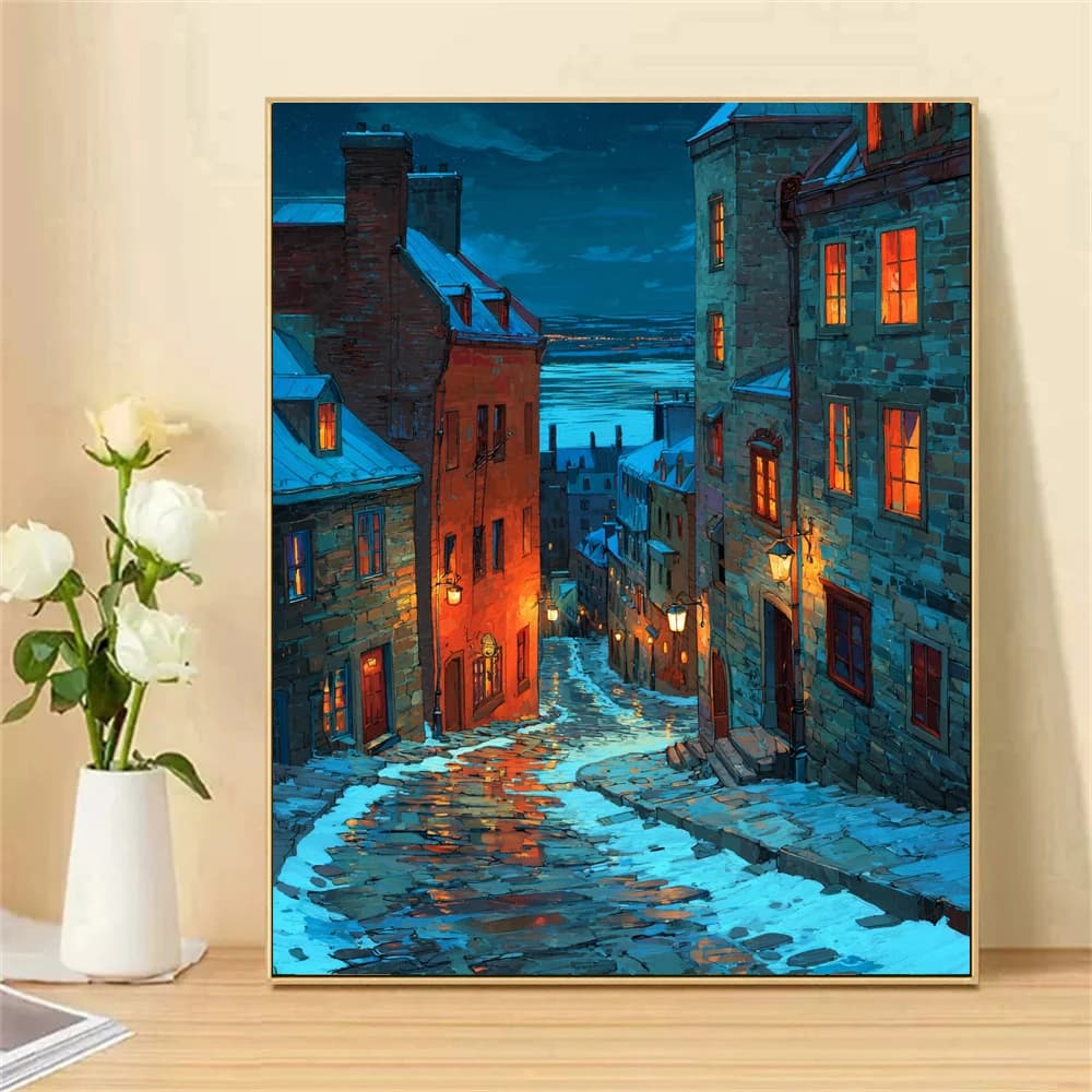 Paint by Numbers For Adult Kit Snowy Night Ancient Alley Dropshipping acrylic Oil Painting Canvas by Number Home Decor