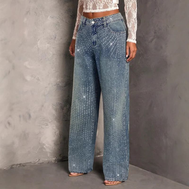Commercio transfrontaliero europeo e americano, jeans blu dritti da donna con decorazioni di strass, Amazon Europa e America.