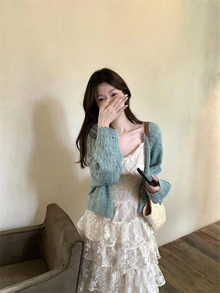 Nuovo Abito Estivo da Donna in Pizzo con Scollo all'Americana, Vestito Lungo a Strati Slim Fit Stile Vacanza, Abito Lungo da Lavoro a Vita Alta in Fibra di Poliestere
