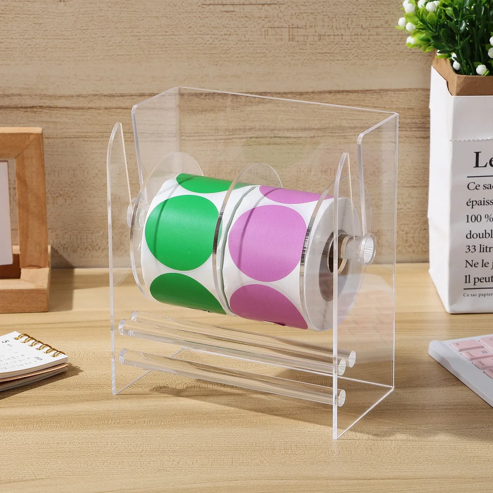 Dispenser di Etichette Regolabile in Acrilico Trasparente, Applicatore Manuale di Adesivi, Organizzatore da Scrivania per Ufficio e Casa