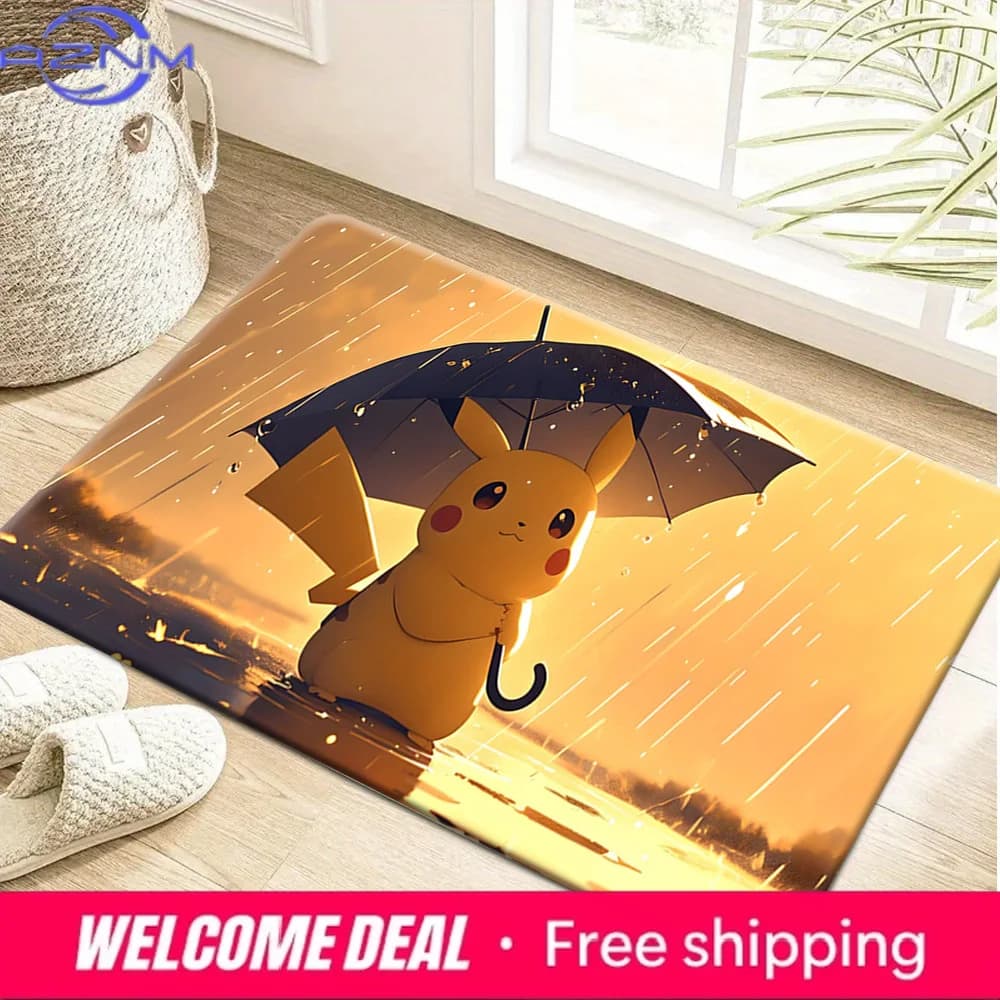 Simpatico Pikachu con ombrello sotto la pioggia, tappetino antiscivolo morbido e assorbente per interni, bagno, ingresso, decorazione per la casa.