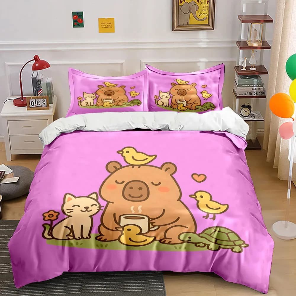 Set copripiumino 3 pezzi con stampa 3D di capibara, design amichevoli, in morbido poliestere, comfort per tutte le stagioni