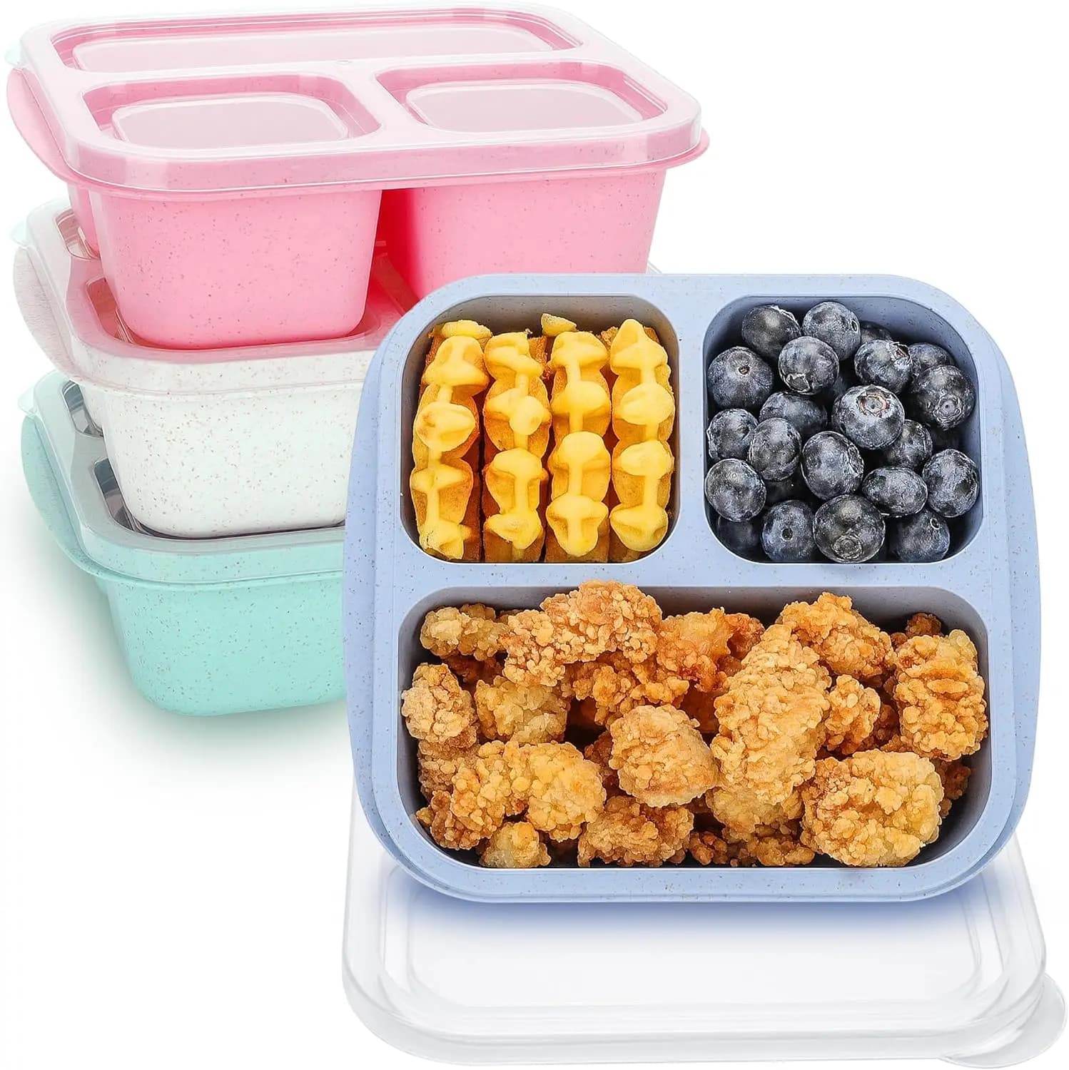 Set di 1/4 Contenitori per Pranzo Bento con 3 Scomparti, Contenitori per Alimenti in Paglia di Grano, Scatole per Preparazione Pasti, Contenitori in Plastica per Conservazione Alimenti