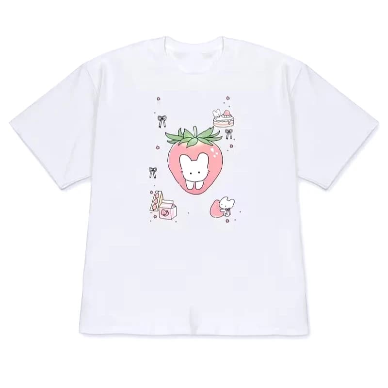 Cute Strawberry Peach Bunny Graphic T-Shirt for Women Sweet Rabbit Print Short Sleeve Blouse Spring Summer Casual Y2k Tee Tops