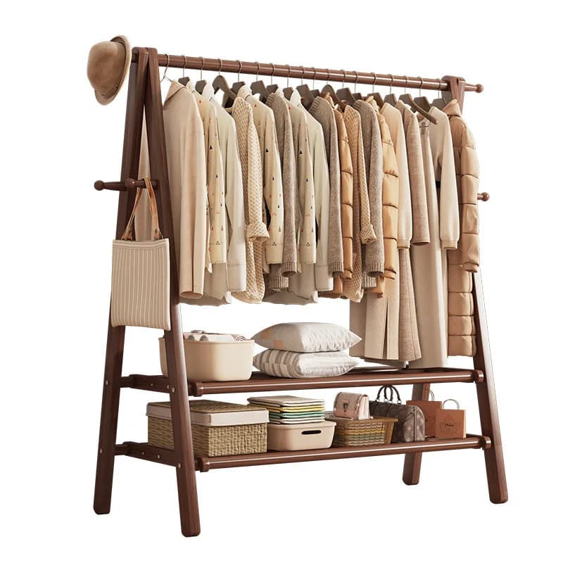 Floor hanger in solid wood, double layer, per bedroom, simple, for hanging clothes and coats.