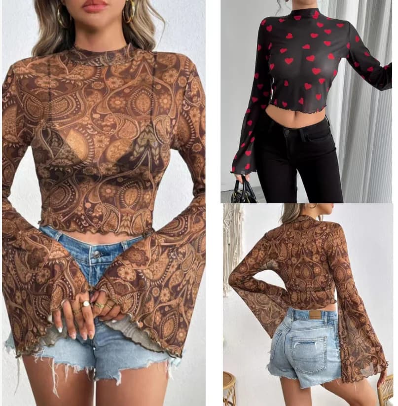 Nuova Collezione Primavera/Estate 2026: T-shirt Donna Sexy in Rete Stampata con Collo Tondo e Maniche a Tromba, Top Corto Aderente a Manica Lunga