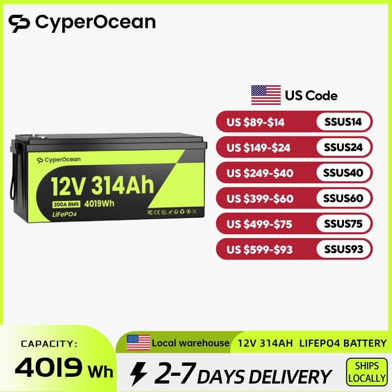 CyperOcean 12V 314Ah LiFePO4 Lithium Battery Low-Temp Protect Built-in 200A BMS 15000 Cycles For Vans,Golf Cart,Boat,RV,Camp