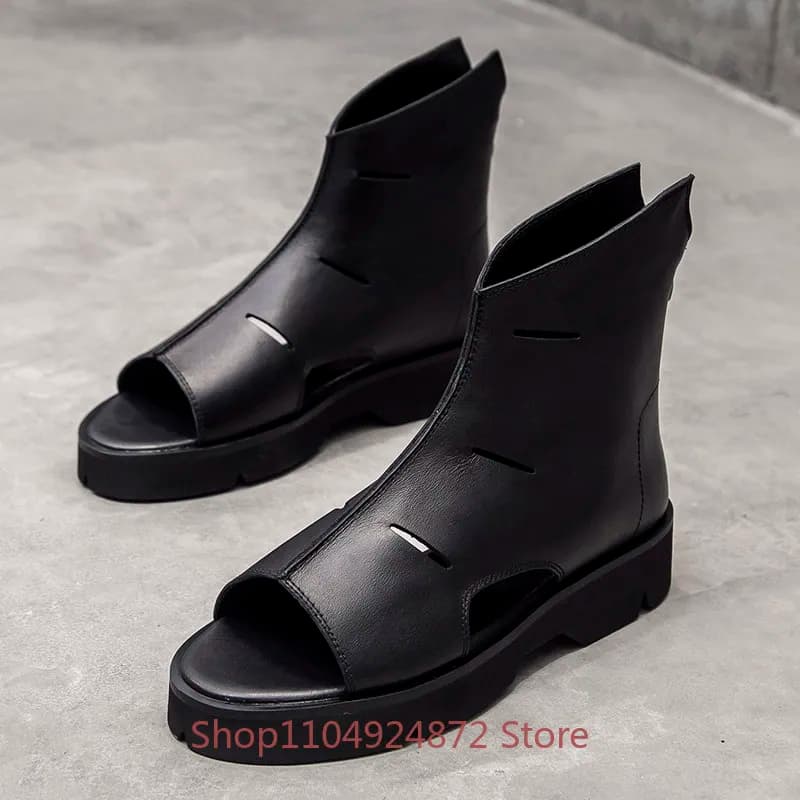 Sandali Romani Estivi da Uomo in Vera Pelle Neri con Cerniera Antiscivolo Suola Spessa Alta Etnici con Plateau – Design di Moda