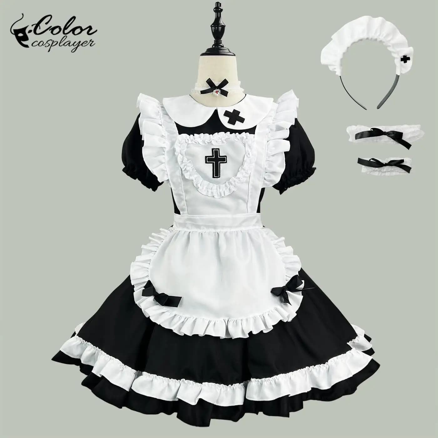 Colore Cosplayer Gothic Lolita Abito stile cristiano medievale Costume cosplay da cameriera con grembiule Abito anime rosa uniforme
