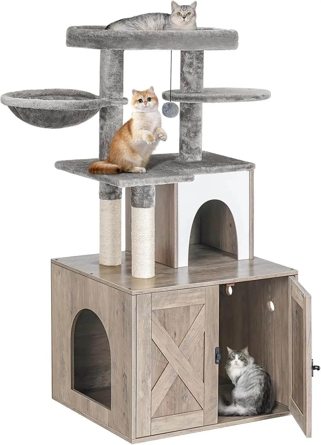 Contenitore per lettiera per gatti nascosto con torre per albero, tiragraffi e pesce persico in peluche in mobili in legno grigio