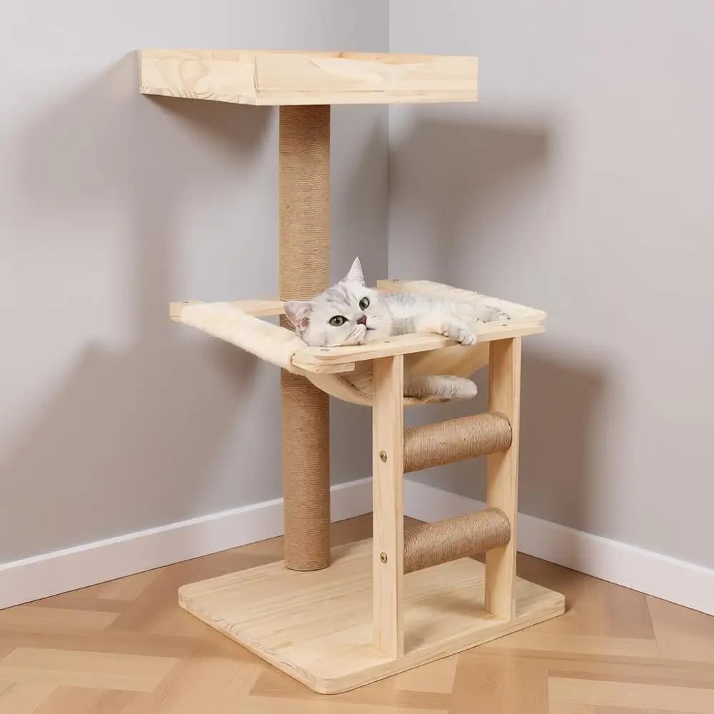 Tiragraffi in Legno per Gatti Grandi, Torre Interna a 3 Livelli con Amaca, Trespolo e Pali da Grattare in Sisal Spesso