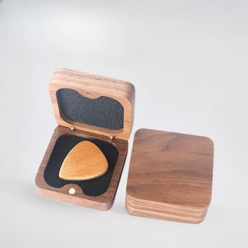 Square Black Walnut Guitar Pick Storage Box Portable Wooden Holder With Soft Liner Fit Various Multiple Guitar Picks