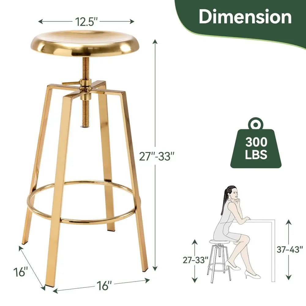 Set di 2 Sgabelli da Bar Dorati, Altezza Regolabile, Girevoli a 360°, Sgabelli da Bancone Industriali in Metallo Senza Schienale con Poggiapiedi