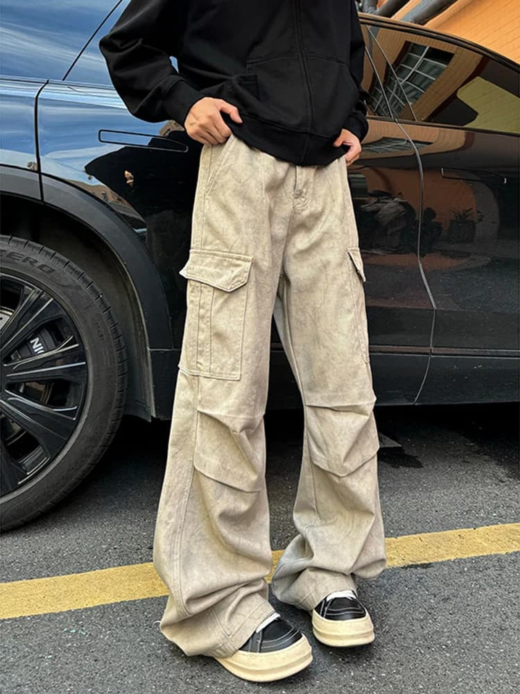 American High Street Style Pleated Denim Jeans Men's Spring Autumn Wide Leg Pants Youth Fashion Resistant Wear Long Trousers