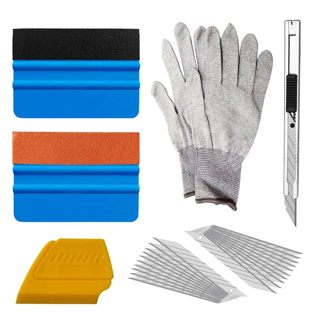 Kit 7 Pezzi Attrezzi per Car Wrapping, Set per Applicazione Pellicole Auto, Spatola Raschietto Taglierino per Pellicole, Guanti e Strumenti