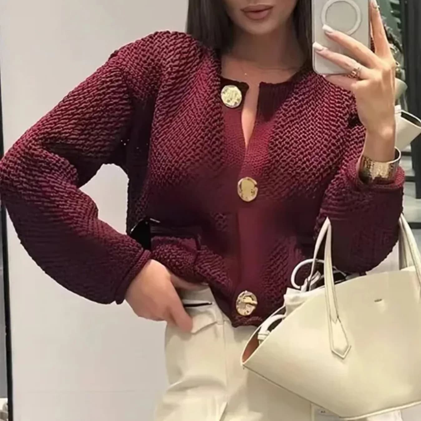 Nuovo maglione cardigan lavorato a maglia bordeaux a maniche lunghe tinta unita moda primavera autunno 2025 per donna