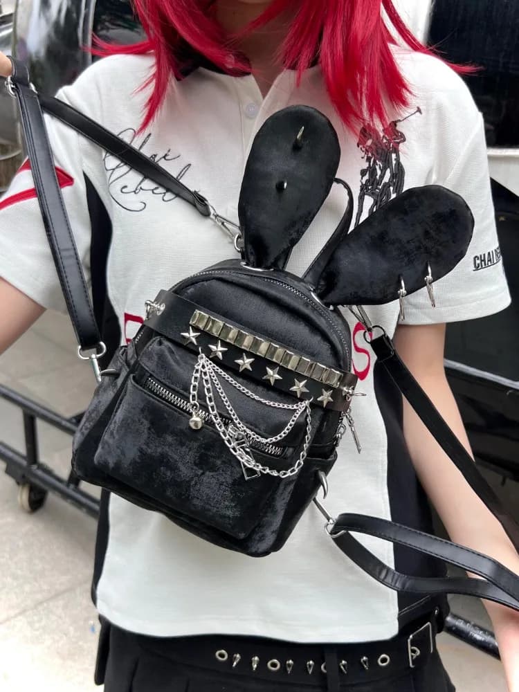 Borse Versatili per il Pendolarismo Femminile, Zaino Originale Fatto a Mano con Borchie a Forma di Coniglio, Stile Punk Dark Subculture, Borsa Scolastica Cool e Trendy