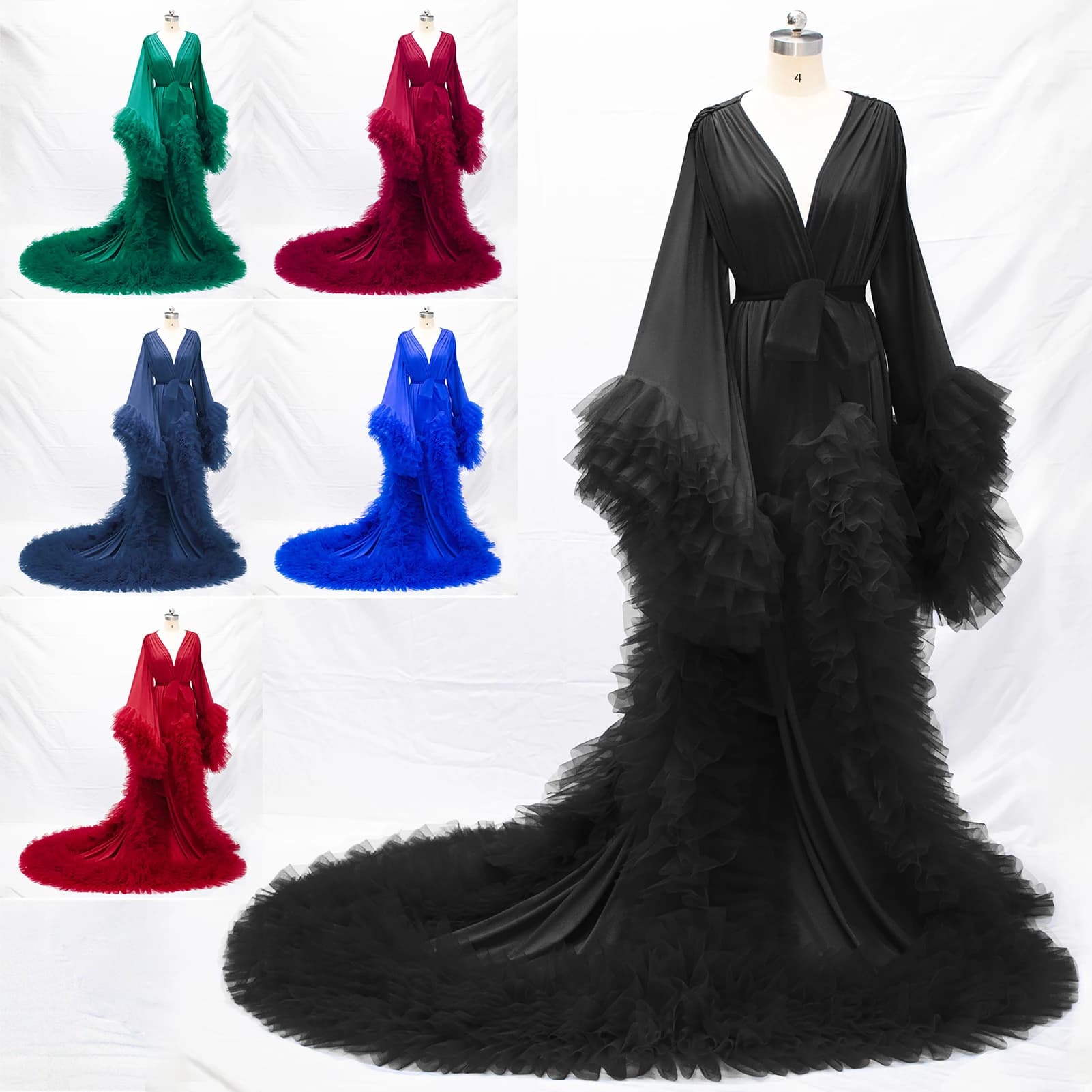 Graceful Women Nightgown Pajamas V-Neck Ruffles Lace up Long Sleeve Bridal Wedding Bathrobe for Photography Custom Made