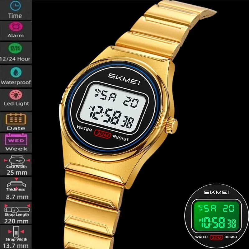 Skmei Women's Digital Watches Luxury Steel Strap LED Light Mineral Glass Dial Women's Waterproof Alarm Display Week Date Display