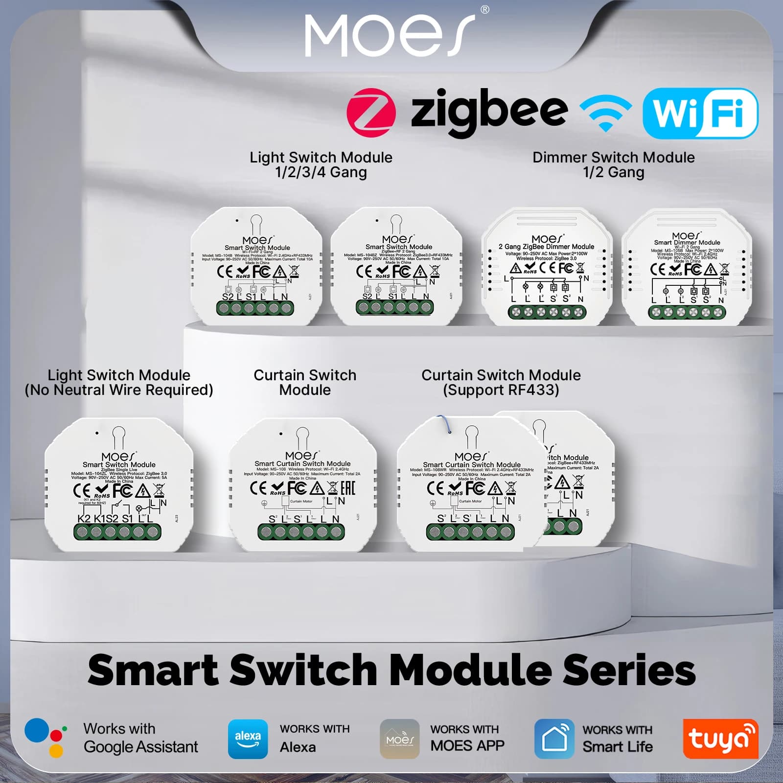 MOES Tuya WiFi/Zigbee Modulo Smart Switch Controllo della luce Dimmer Tenda 1%-100% Controllo vocale Supporto Alexa GoogleHome RF433