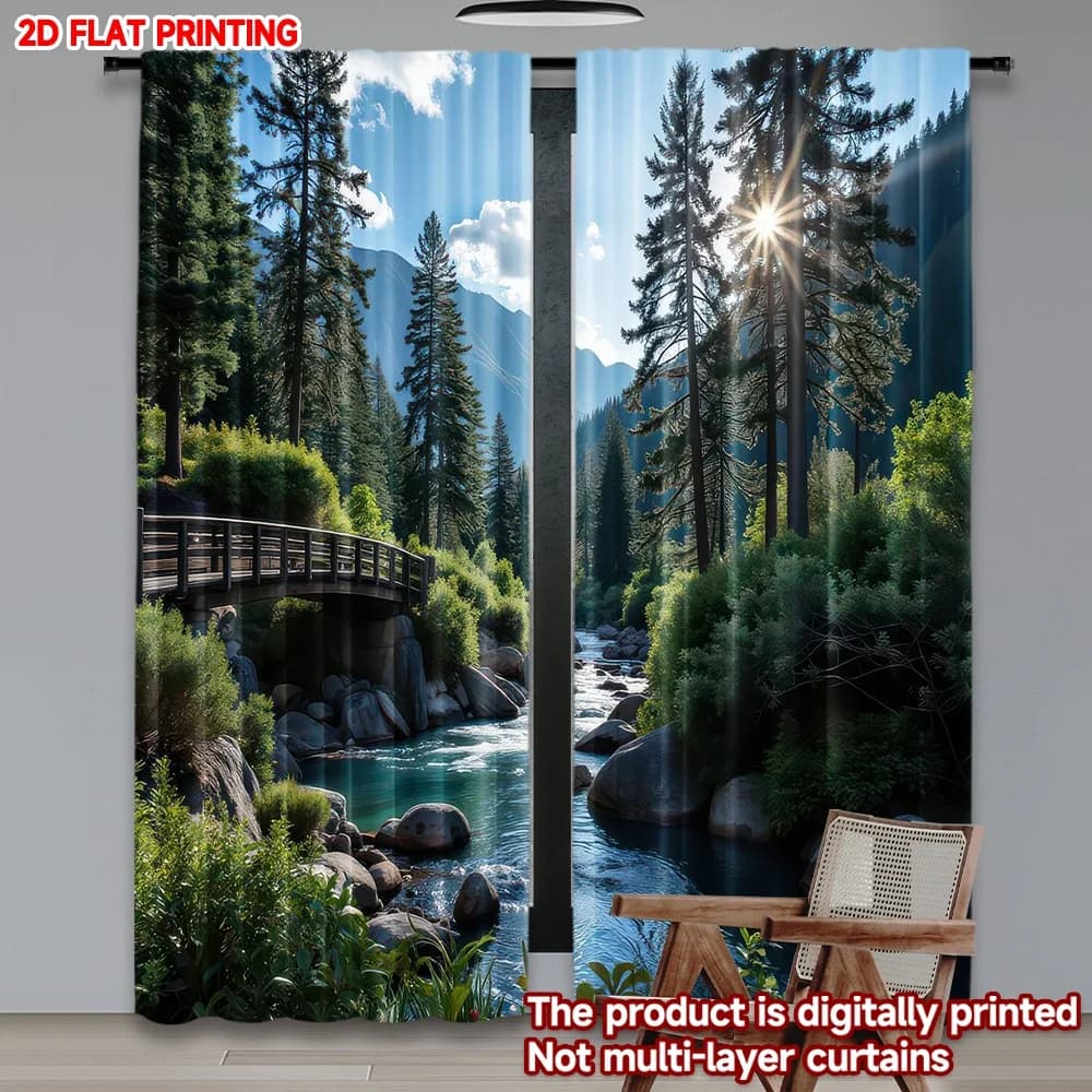 2D flat printing 2pcs Party Window Curtains Sunlit Mountain Stream Digital Printed Polyester Drapes Festive Holiday for Photo