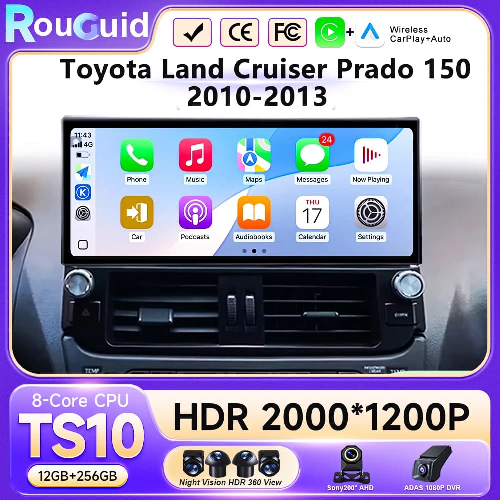 Lettore multimediale audio per auto Android 16 QLED 2400*900P per Toyota Land Cruiser Prado 150 2010-2013 Navigazione GPS Touch Screen BT
