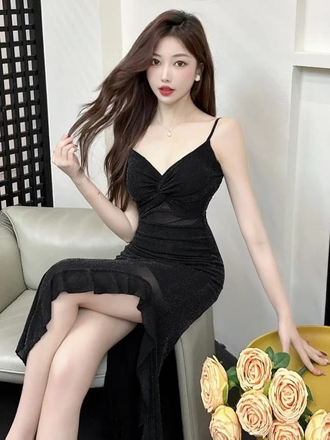 Sexy Low Cut V Neck Mesh Strap Dress Slimming a Line Skirt Daily Wear Spring Summer Autumn High Waist Polyester Fiber Dress