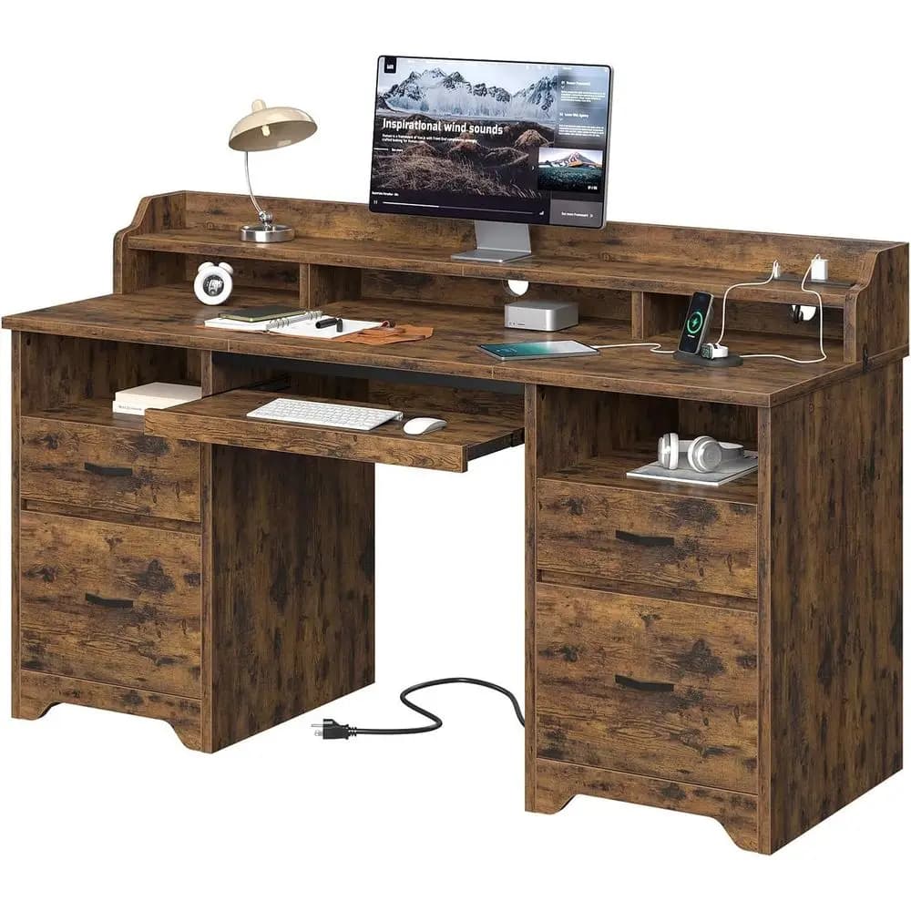Scrivania Direzionale in Legno 59 con Stazione di Ricarica, Scrivania per Ufficio Domestico con Vassoio Tastiera e Supporto Monitor, Marrone Rustico