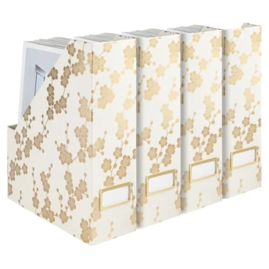 Set di 4 Scatole Pieghevoli per Archiviazione Riviste con Motivi Decorativi, Organizzatori Verticali con Portaetichette per Scrivania e Scaffali