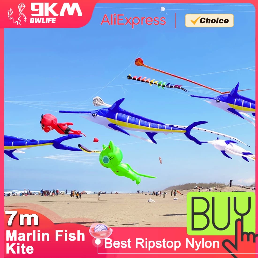 9KM 7m Marlin Fish Kite, Line Laundry Soft Inflatable Pendant Kite, High Quality Outdoor Animal Show Kite for Adults with Bag