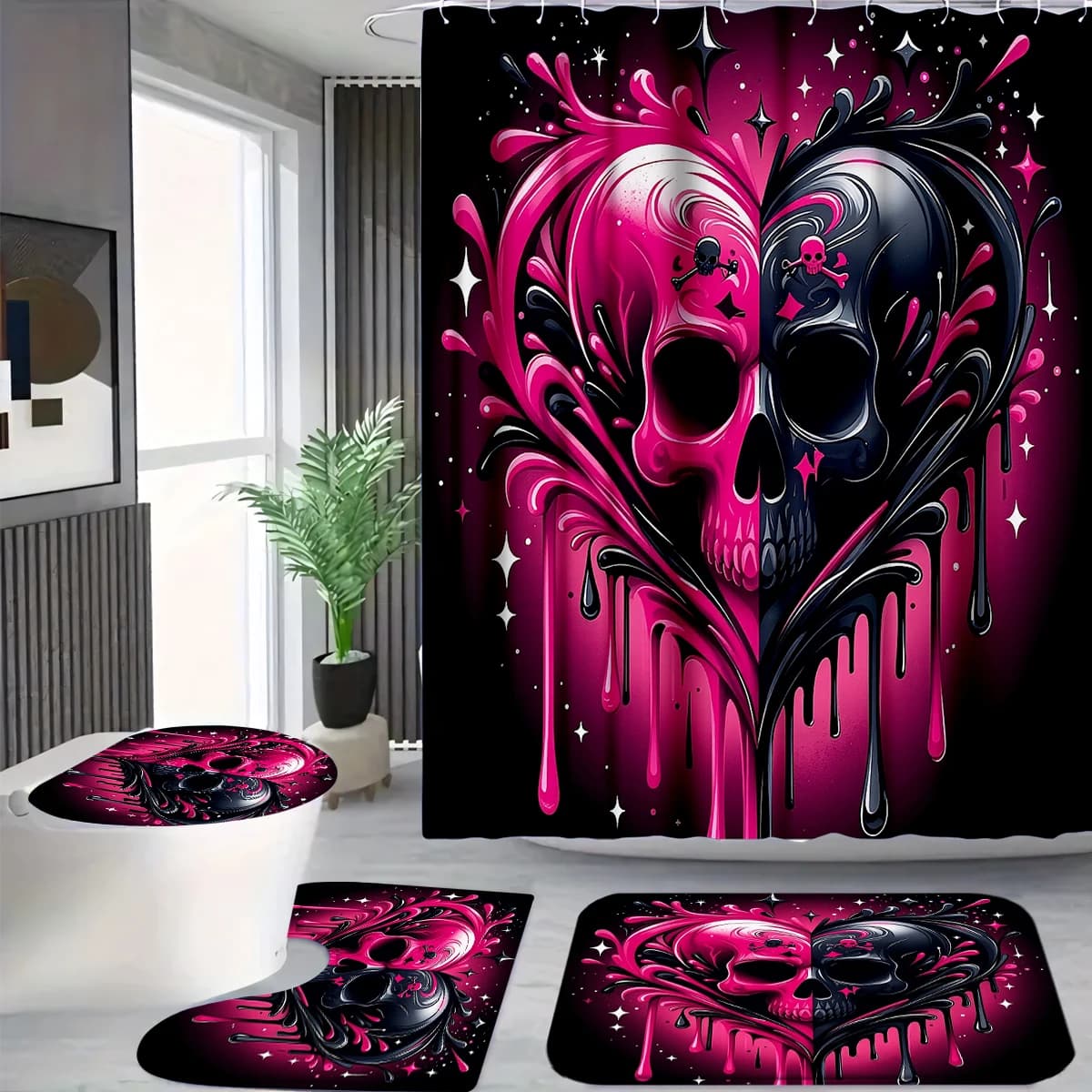 4 Pcs/Set Pink Black Skull Heart Shower Curtain Bathroom Set, Gothic Print Waterproof Mildew Resistant Fabric, Family Bathroom Decor, Edgy & Dark Style Bath Mat Set, Fits Apartment, Guest Bathroom, Home Use, Includes 12 Free Hooks