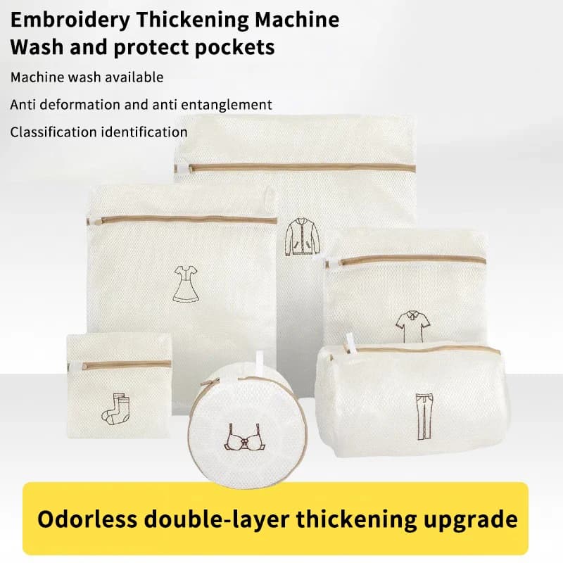 Laundry Bag For Dirty Clothes Fine Mesh Beige Embroidery Thicken Washing Bags Laundry Set For Washing Travel Storage Bag
