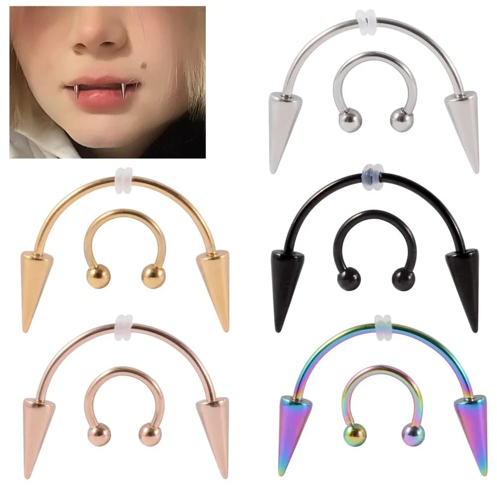 2 pz Punk Stile In Acciaio Inox Denti Chiodo Cono Vampire Zombie Denti Stud Ferro di Cavallo Lip Ring Piercing Gioielli