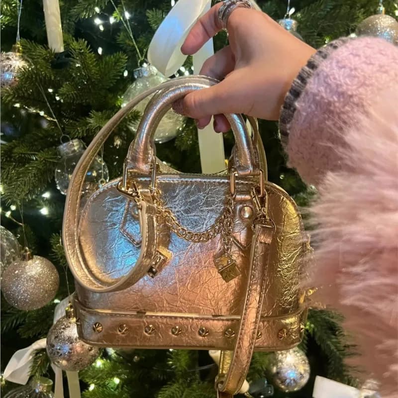 JIAERDI Versatile Gold Shell Bag Women's Leather Bag with Vintage Chain Y2k Women's Handbag Retro Random Shoulder Bags New Wallets