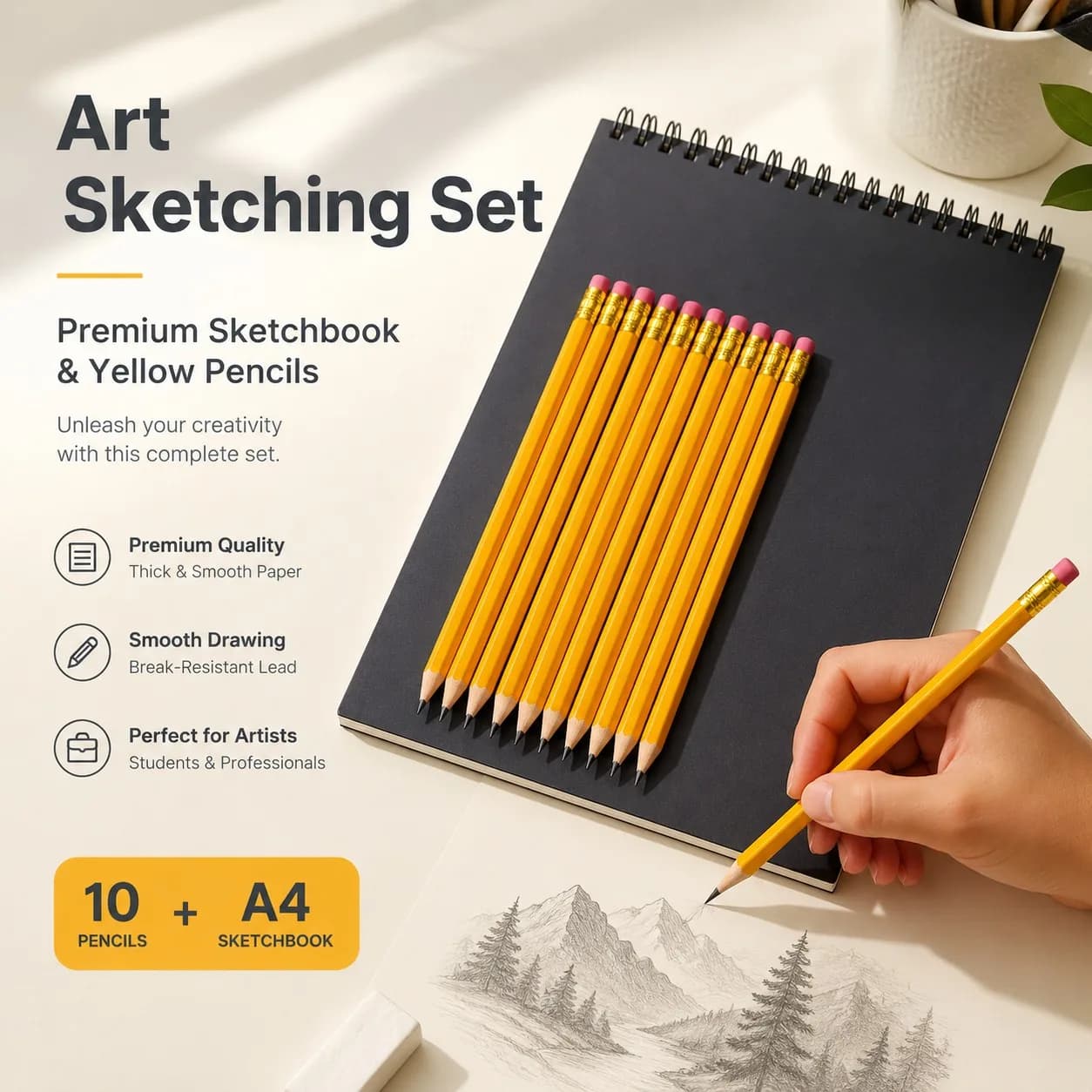 10 yellow pencils + 1 sketchbook (A4/A5/A6/16K) suitable for students' painting and sketching art creation