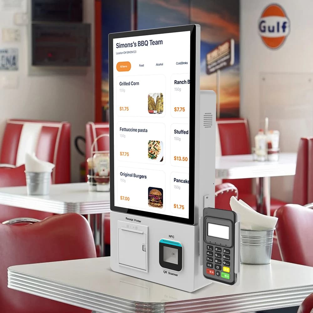 Chiosco Self-Service per Ristoranti da 21.5/27/32 Pollici con Lettore di Carte QR NFC, Touch a 10 Punti, Full HD, SDK, Case in Metallo per Uso Commerciale