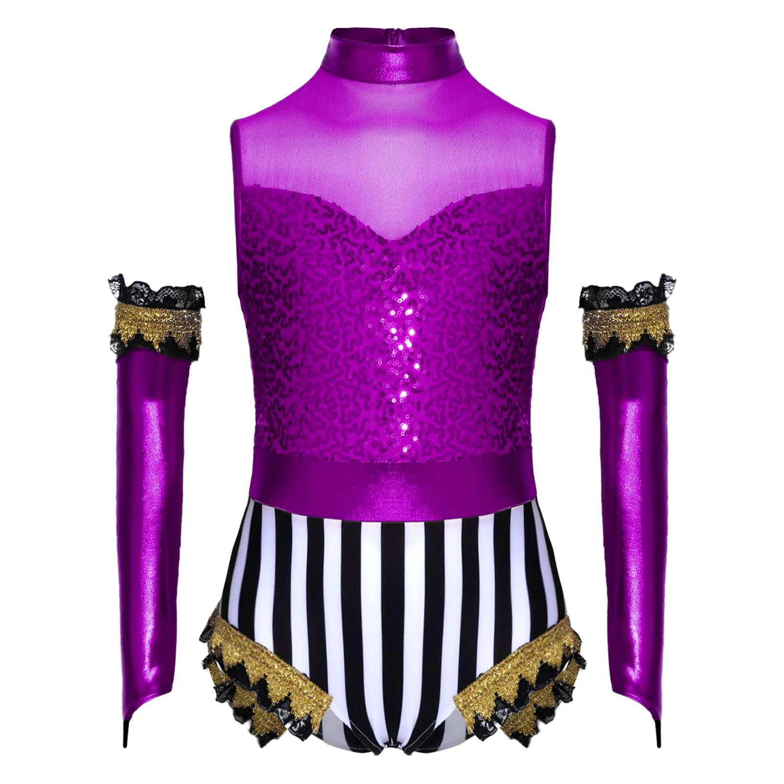 Girls Circus Jumpsuit 2Pcs Sleeveless Lace Gold Webbing Sequins Bodysuit+Glossy Metallic Over-Sleeve Halloween Cosplay Costumes