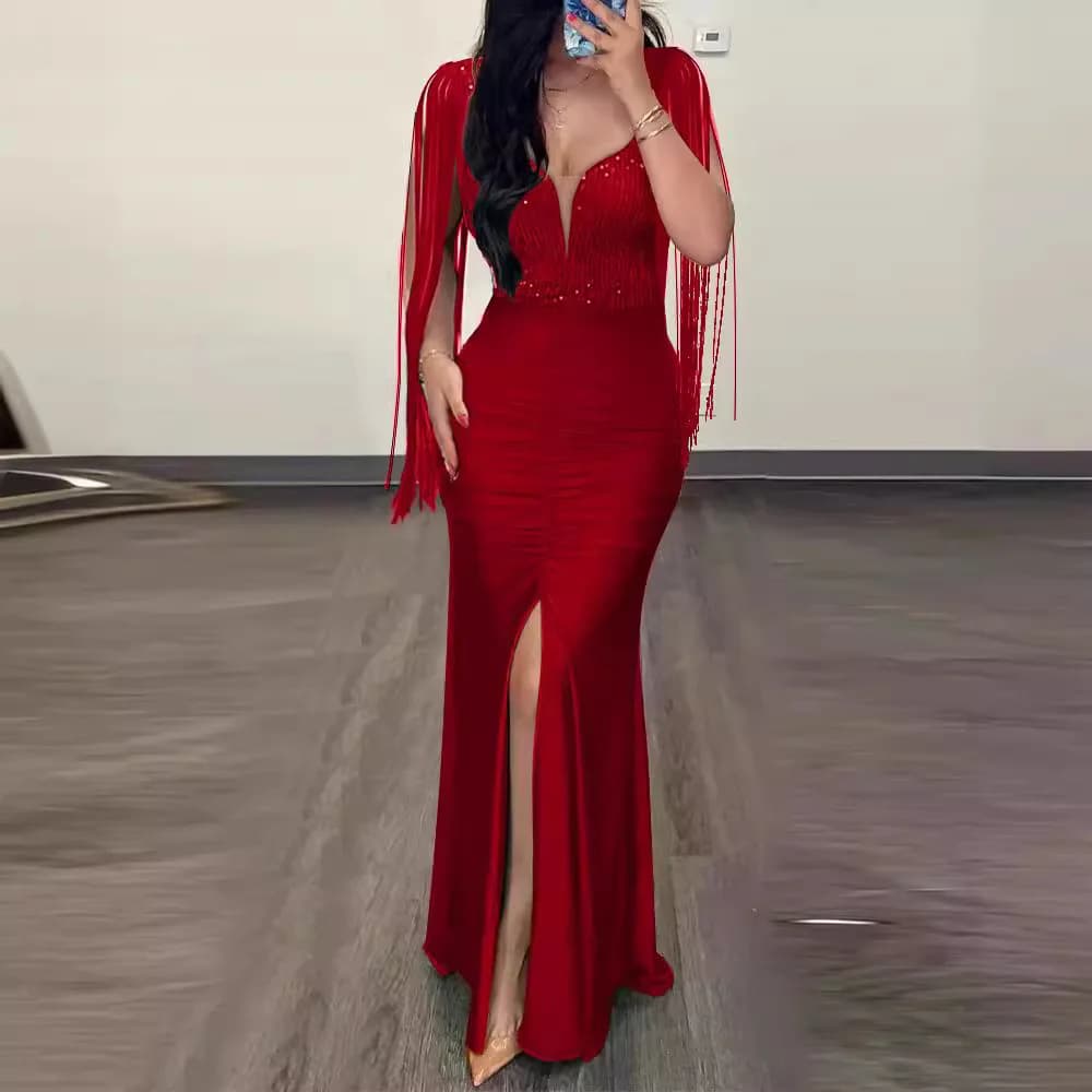 Shiny Sequin Tassel Sleeveless Party Dress High Waist Wrap Skirt Long Sleeve Polyester Fiber Spring Season Glitter Fabric