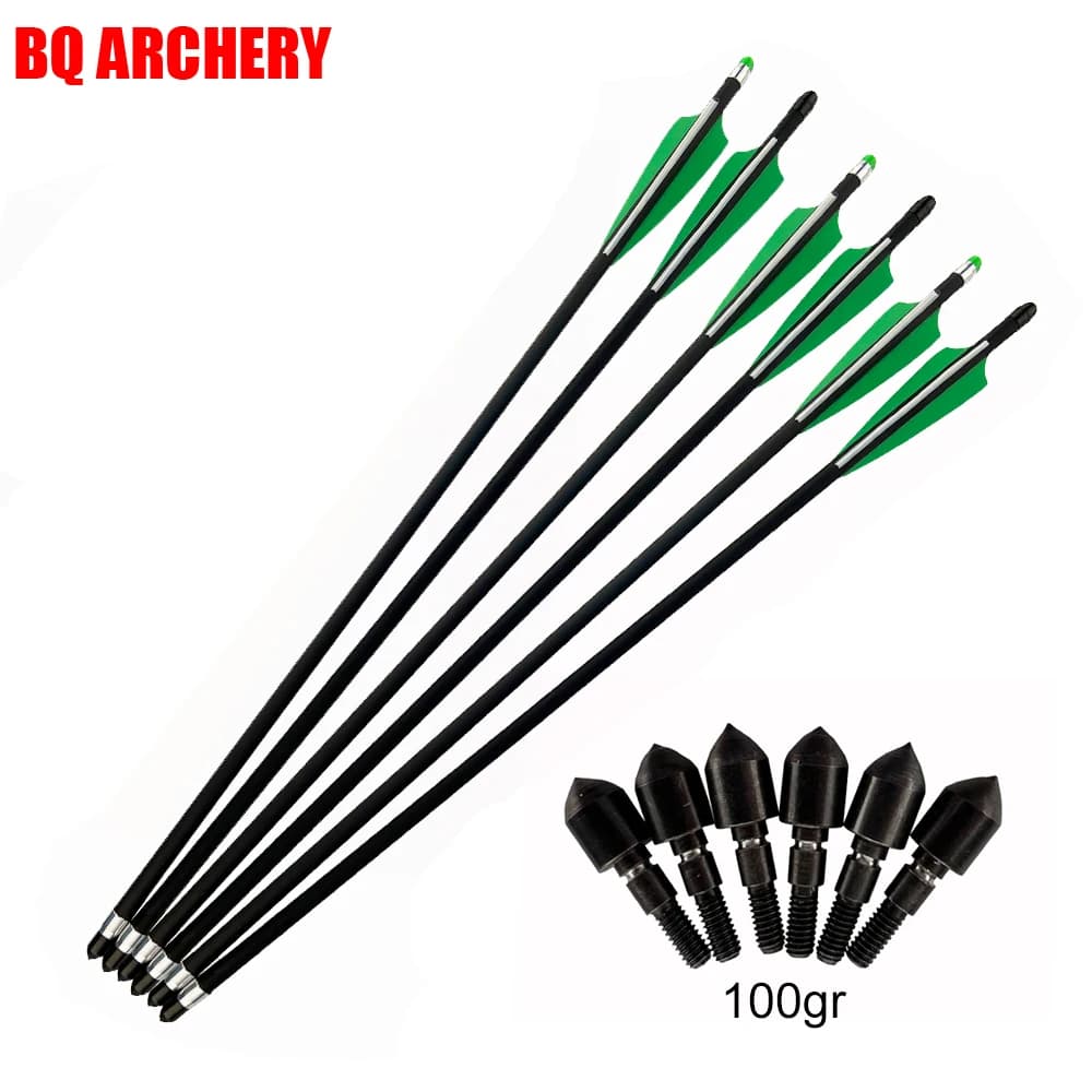 Freccia in carbonio per caccia con balestra, 17, 20, 22 pollici, lunghezza ID7,6 mm, diametro esterno 8,8 mm, punte da 100gr, alette da 3 pollici, 12 pezzi