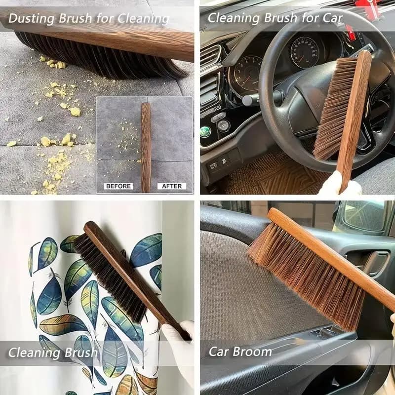 Dust cleaning brush from the bed with long wooden handle, soft bristles shaped like chicken wing, tool for cleaning bedrooms and home floors
