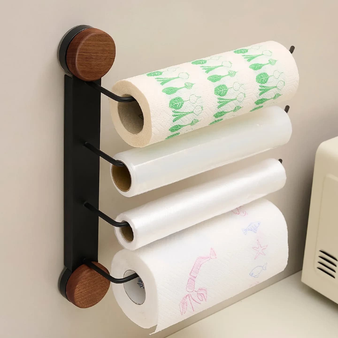 Porta Rotolo da Cucina a 4 Barre con Ventosa, Organizzatore per Armadietto Senza Foratura | Portarotoli e Porta Stracci per la Casa