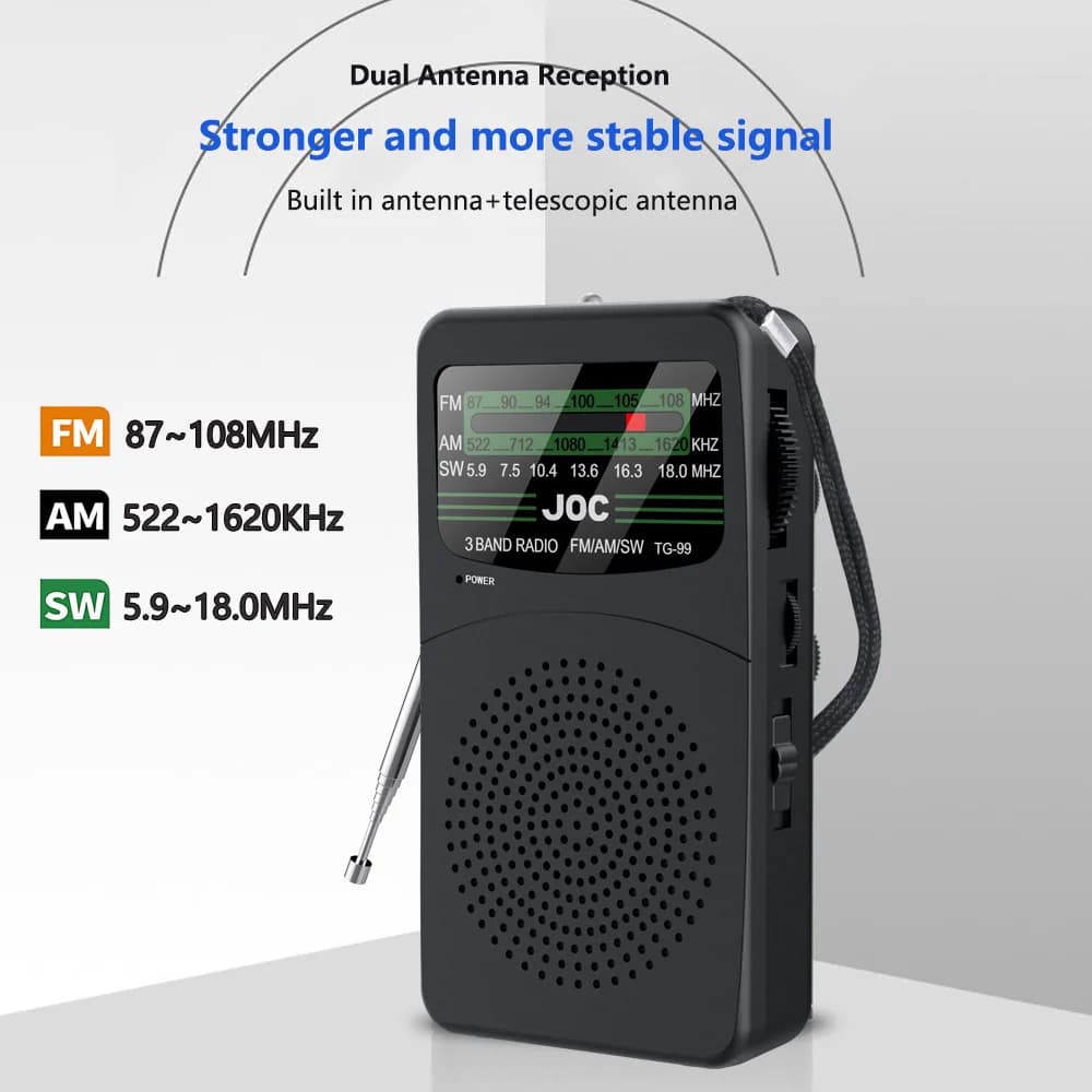 Radio portatile FM/AM/SW, ricevitore FM a batteria, ricezione eccellente, altoparlante chiaro con jack per cuffie da 3,5 mm, illuminazione a LED per anziani