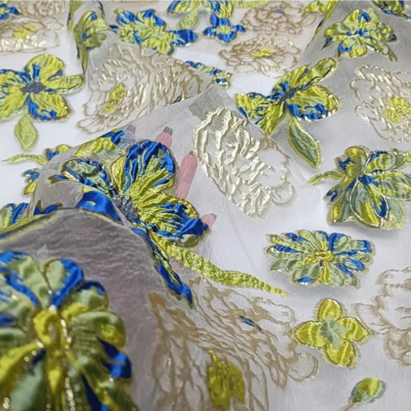 Elegant French Organza Lace Fabric Gold Silk Embroidery Jacquard Brocade Lace Fabric For Wedding Party Dress